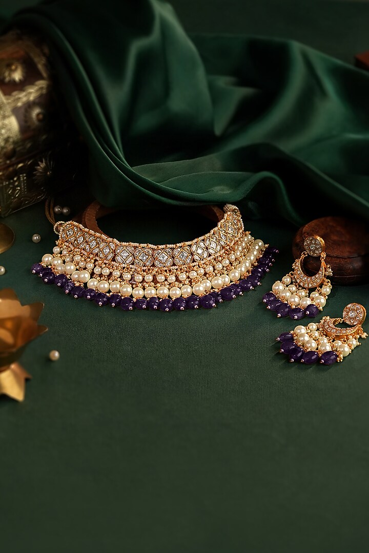 Gold Plated Jadtar Purple Beaded Choker Necklace Set by Riana Jewellery at Pernia's Pop Up Shop
