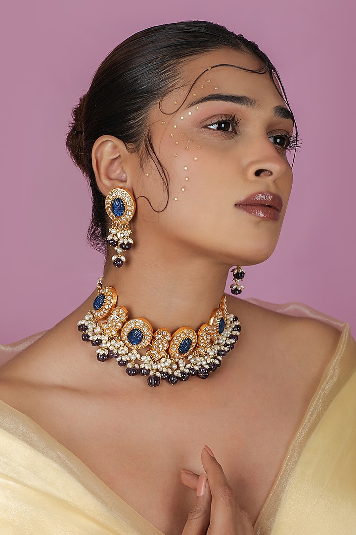 Gold Plated Blue Jadtar Stone & Pearl Choker Necklace Set by Riana Jewellery at Pernia's Pop Up Shop