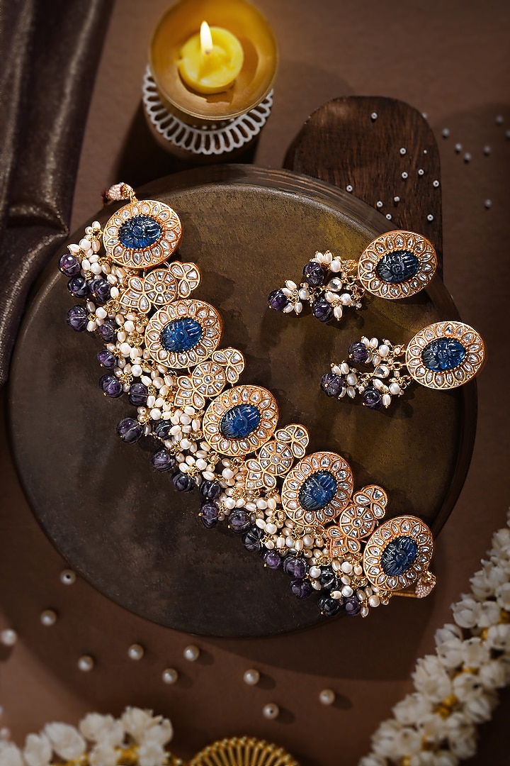 Gold Plated Blue Jadtar Stone & Pearl Choker Necklace Set by Riana Jewellery at Pernia's Pop Up Shop