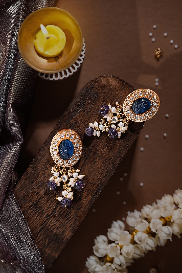 Gold Plated Blue Jadtar Stone & Pearl Choker Necklace Set by Riana Jewellery at Pernia's Pop Up Shop