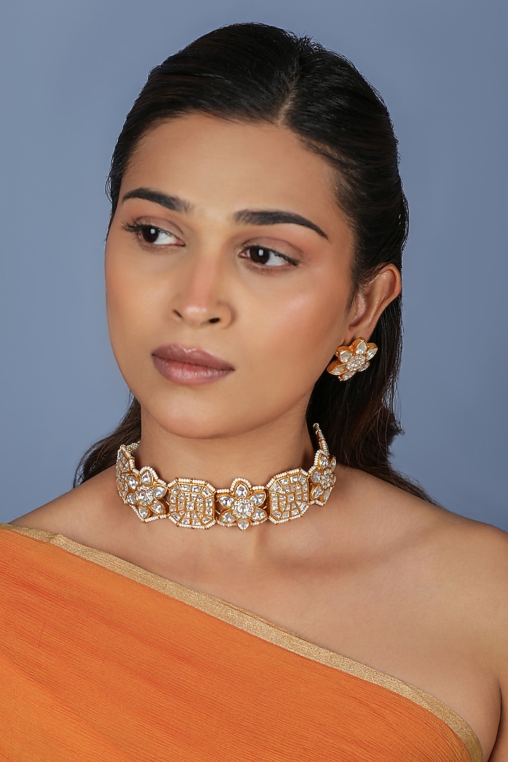 Gold Plated Jadtar Stone & Pearl Floral Choker Necklace Set by Riana Jewellery at Pernia's Pop Up Shop