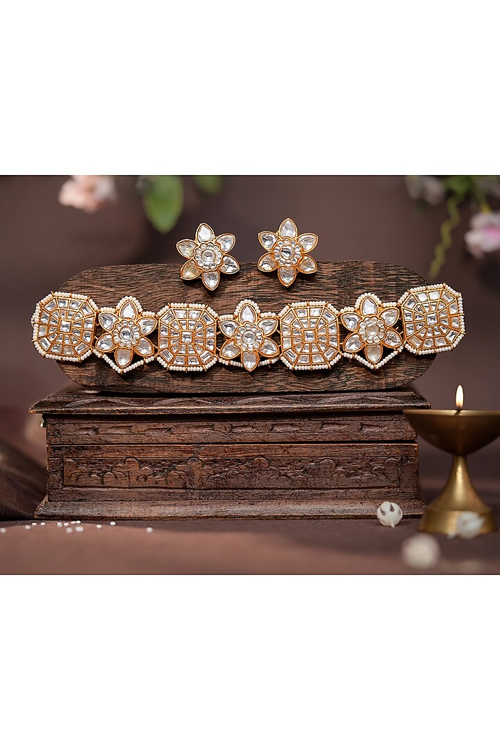 Gold Plated Jadtar Stone & Pearl Floral Choker Necklace Set by Riana Jewellery at Pernia's Pop Up Shop