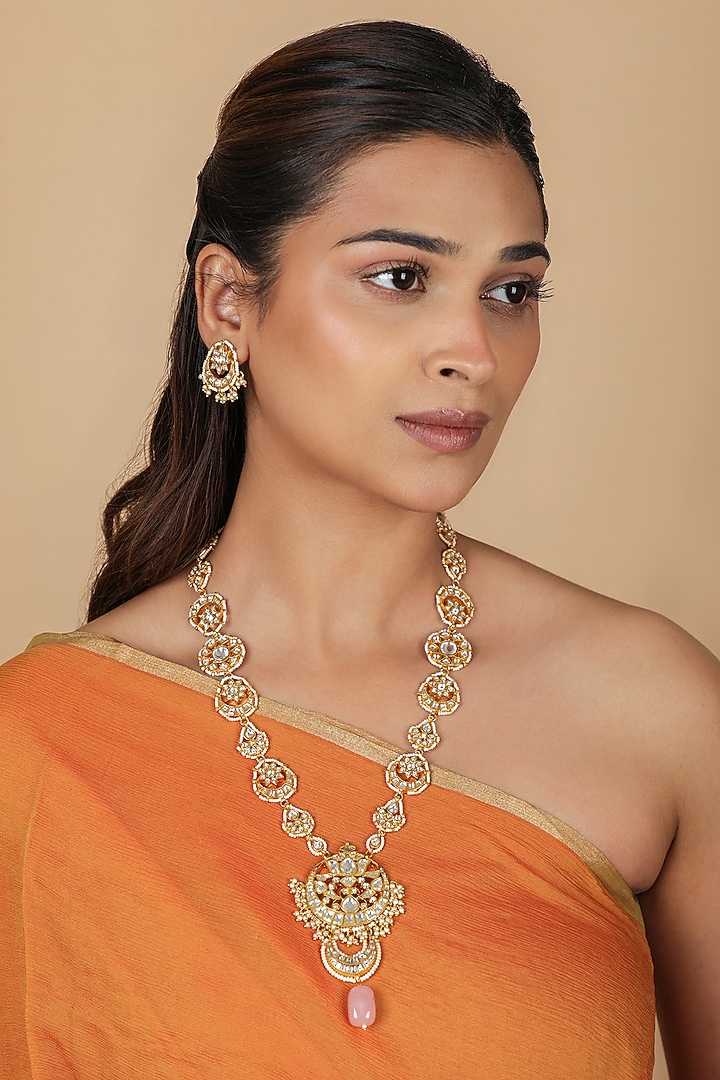 Gold Plated Jadtar Stone & Pearl Long Necklace Set by Riana Jewellery at Pernia's Pop Up Shop