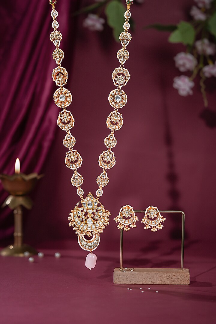 Gold Plated Jadtar Stone & Pearl Long Necklace Set by Riana Jewellery at Pernia's Pop Up Shop