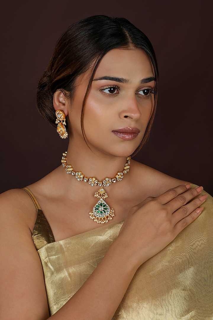 Gold Plated Green Jadtar Stone & Pearl Necklace Set by Riana Jewellery at Pernia's Pop Up Shop