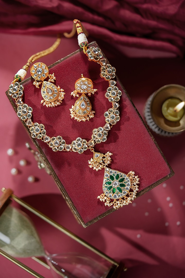 Gold Plated Green Jadtar Stone & Pearl Necklace Set by Riana Jewellery at Pernia's Pop Up Shop