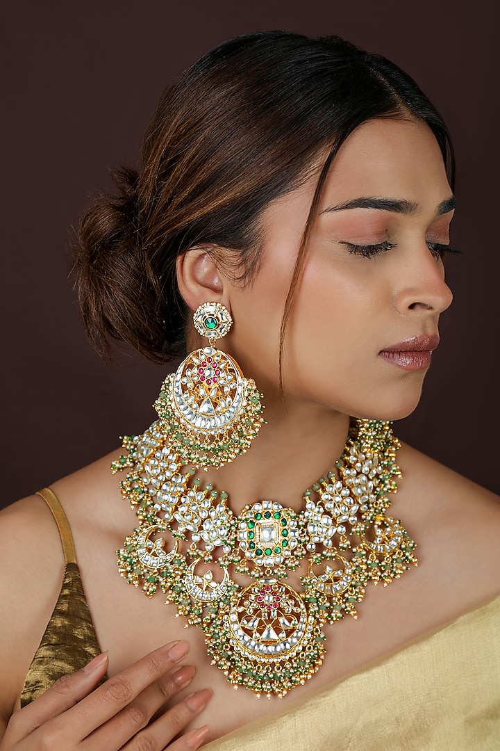 Gold Plated Kundan Polki & Mint Green Beaded Enameled Choker Necklace Set by Riana Jewellery at Pernia's Pop Up Shop
