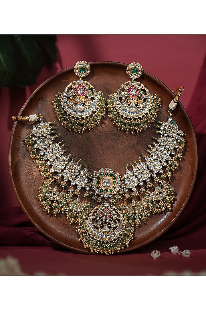 Gold Plated Kundan Polki & Mint Green Beaded Enameled Choker Necklace Set by Riana Jewellery at Pernia's Pop Up Shop