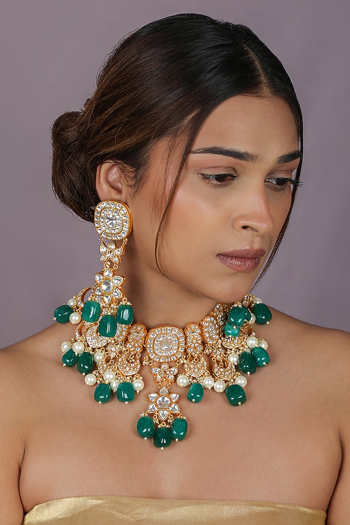 Gold Plated Emerald Green Tumble Beaded Necklace Set by Riana Jewellery at Pernia's Pop Up Shop