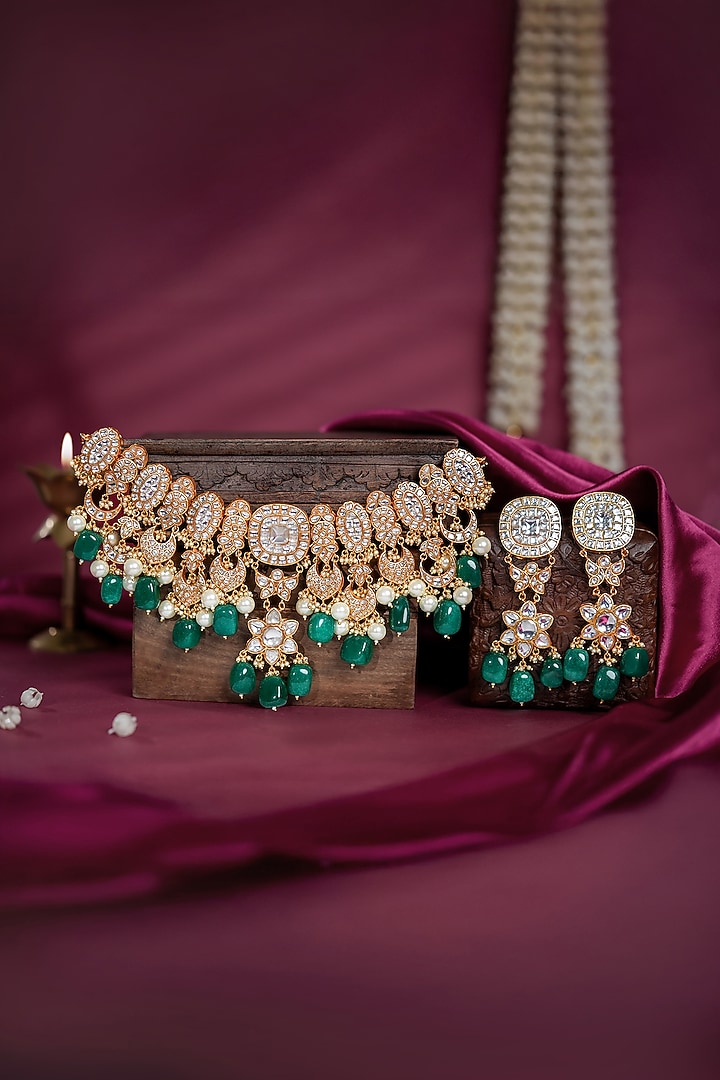 Gold Plated Emerald Green Tumble Beaded Necklace Set by Riana Jewellery at Pernia's Pop Up Shop