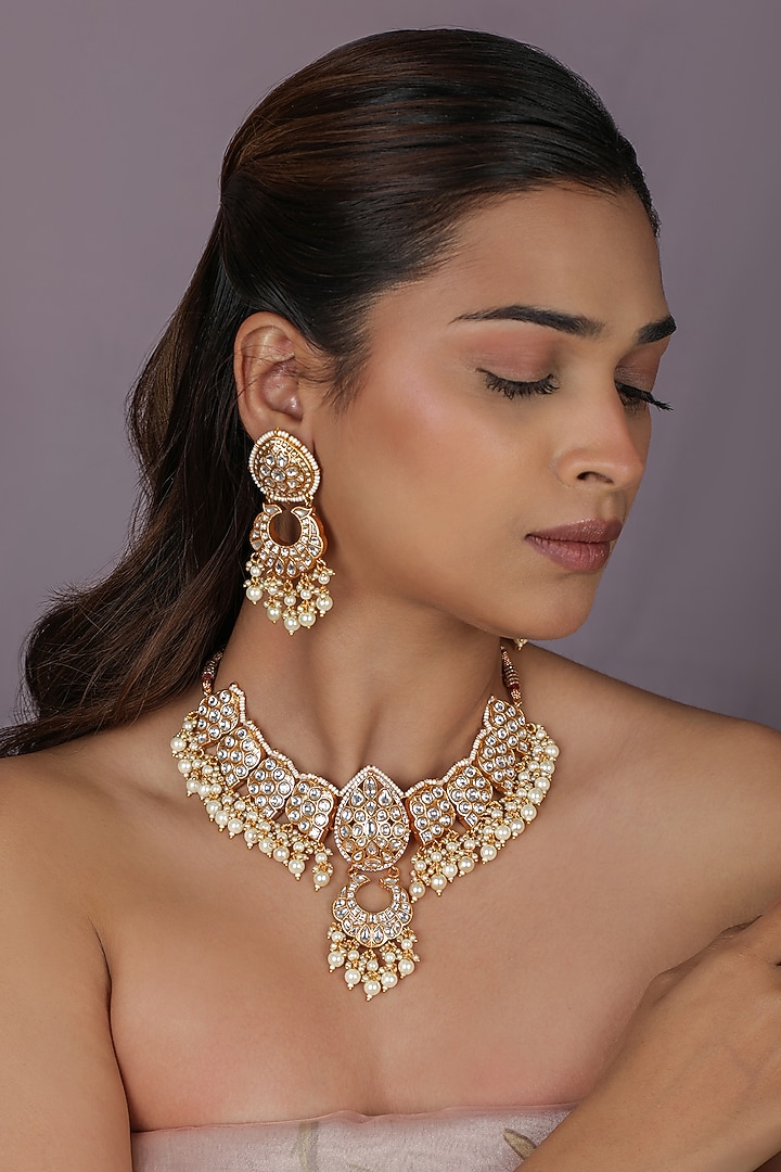 Gold Plated Pearl Beaded Choker Necklace Set by Riana Jewellery at Pernia's Pop Up Shop