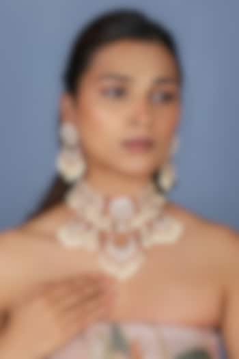 Gold Plated Pink Jadtar Stone Choker Necklace Set by Riana Jewellery at Pernia's Pop Up Shop