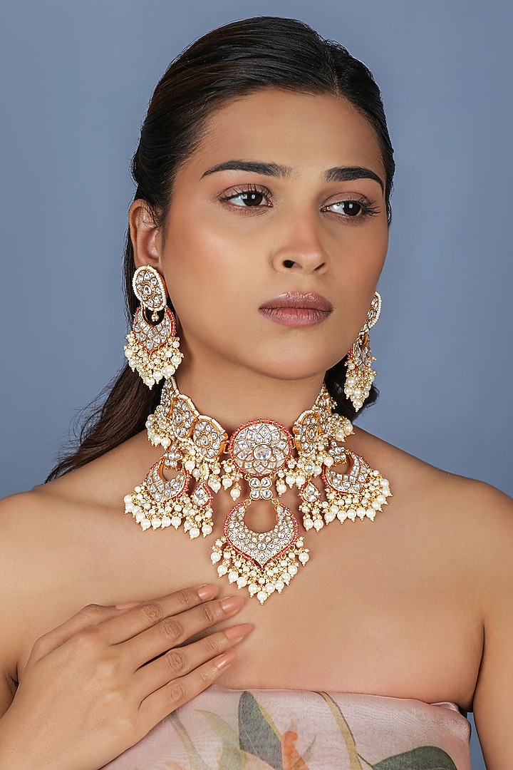 Gold Plated Pink Jadtar Stone Choker Necklace Set by Riana Jewellery at Pernia's Pop Up Shop