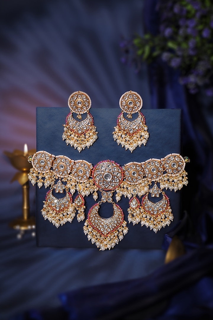 Gold Plated Pink Jadtar Stone Choker Necklace Set by Riana Jewellery at Pernia's Pop Up Shop