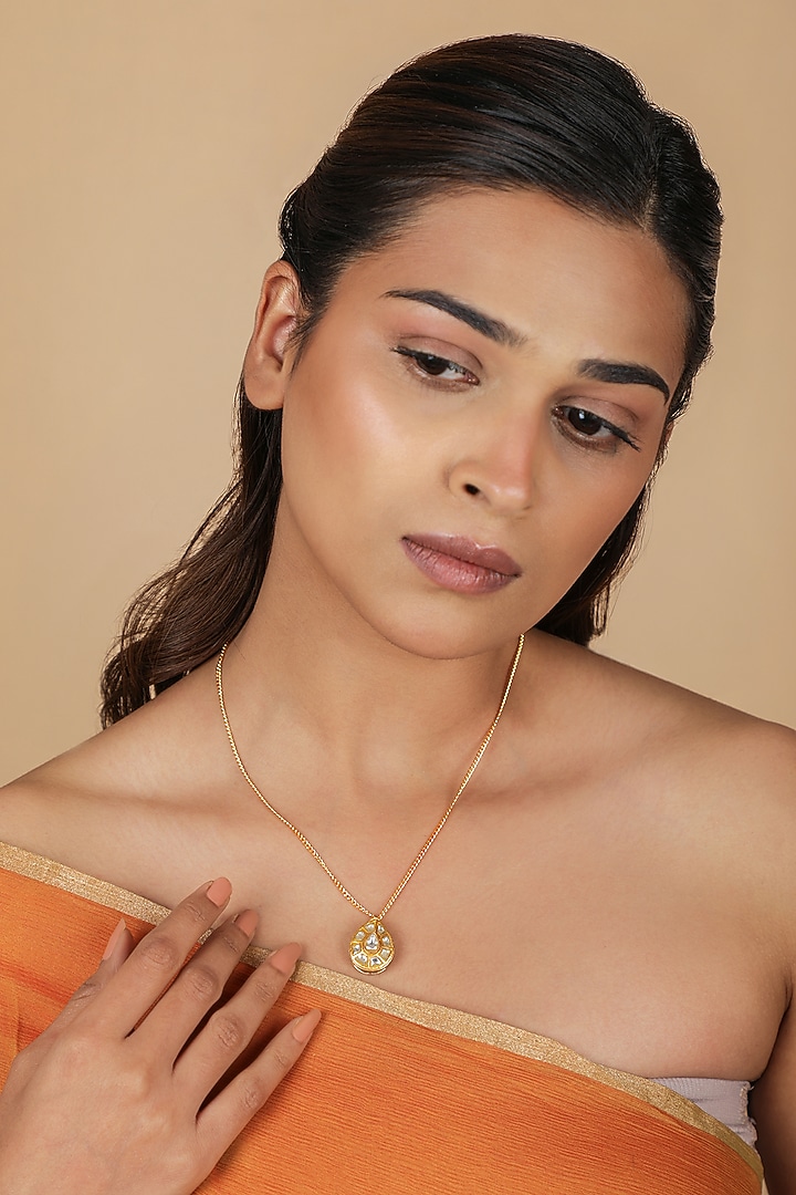 Gold Plated Pear-Shaped Jadtar Stone Pendant Necklace by Riana Jewellery at Pernia's Pop Up Shop