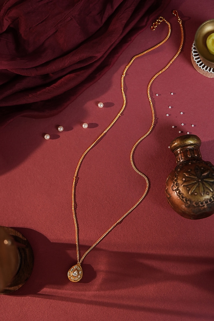Gold Plated Pear-Shaped Jadtar Stone Pendant Necklace by Riana Jewellery at Pernia's Pop Up Shop