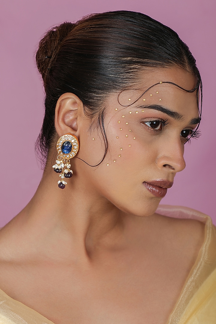 Gold Plated Blue Sapphire Stone Handcrafted Dangler Earrings by Riana Jewellery at Pernia's Pop Up Shop