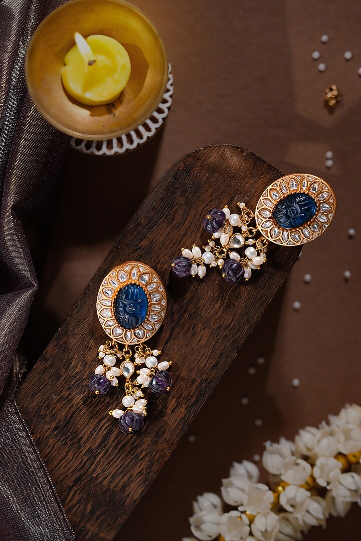 Gold Plated Blue Sapphire Stone Handcrafted Dangler Earrings by Riana Jewellery at Pernia's Pop Up Shop
