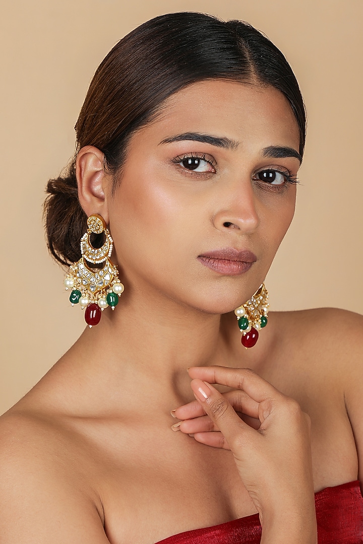 Gold Plated Red & Green Jadtar Stone Chandbali Earrings by Riana Jewellery at Pernia's Pop Up Shop