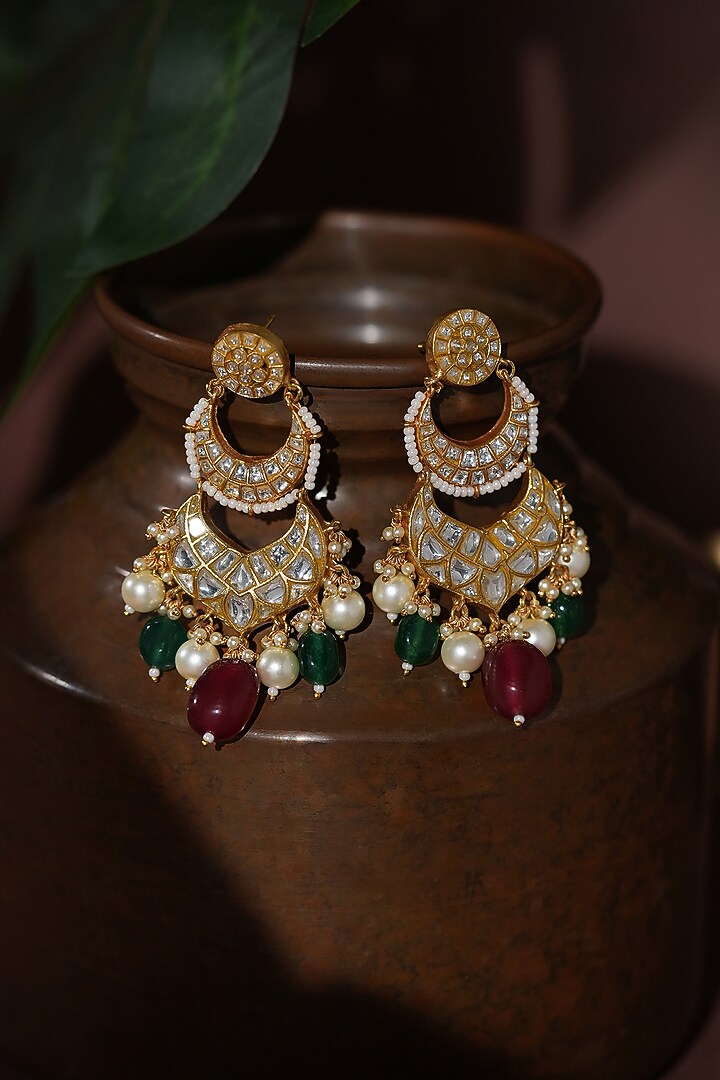 Gold Plated Red & Green Jadtar Stone Chandbali Earrings by Riana Jewellery at Pernia's Pop Up Shop
