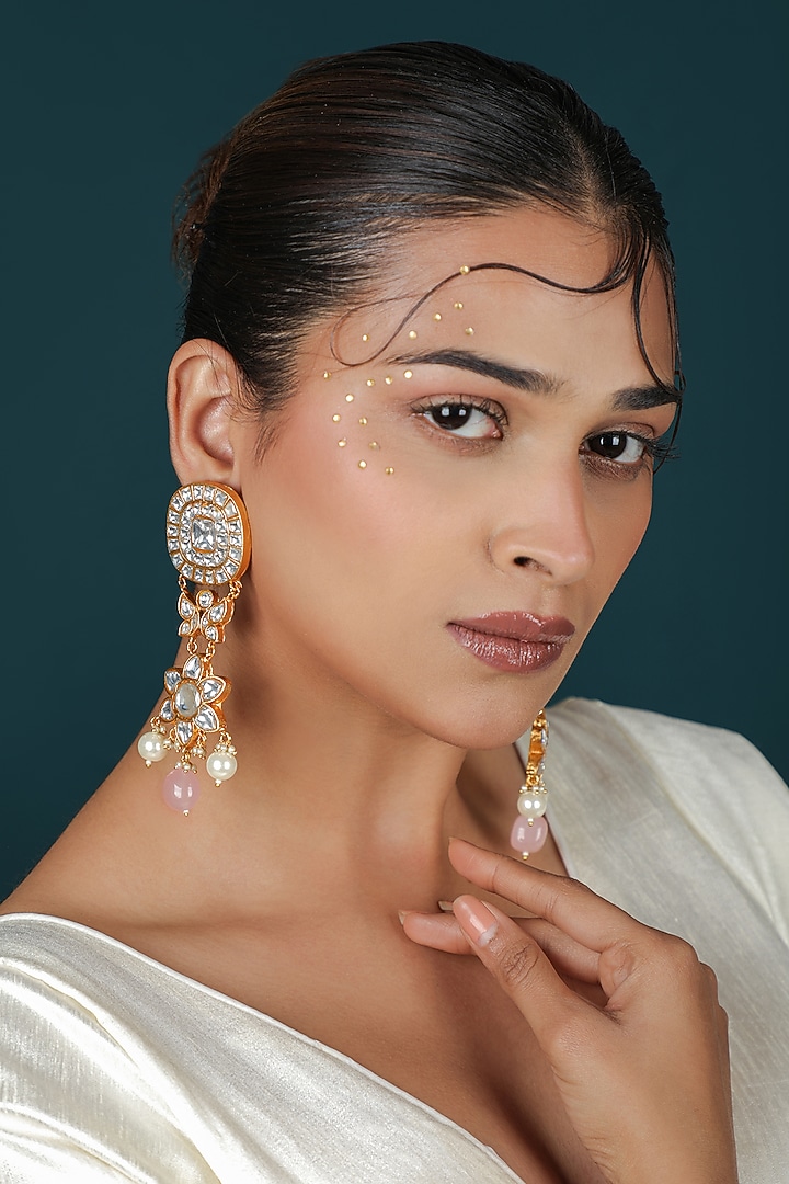 Gold Plated Rose Quartz Jadtar Drop Floral Long Earrings by Riana Jewellery at Pernia's Pop Up Shop