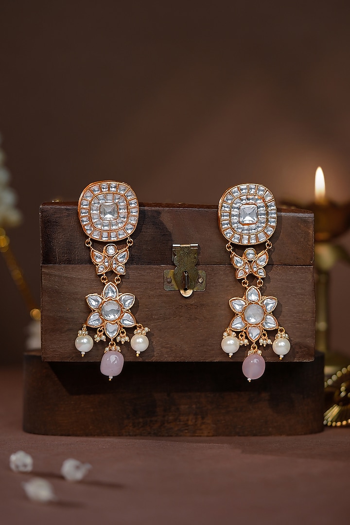 Gold Plated Rose Quartz Jadtar Drop Floral Long Earrings by Riana Jewellery at Pernia's Pop Up Shop