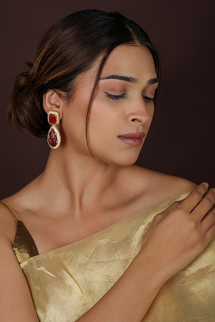 Gold Plated Red-Carved Jadtar Stone Dangler Earrings by Riana Jewellery at Pernia's Pop Up Shop