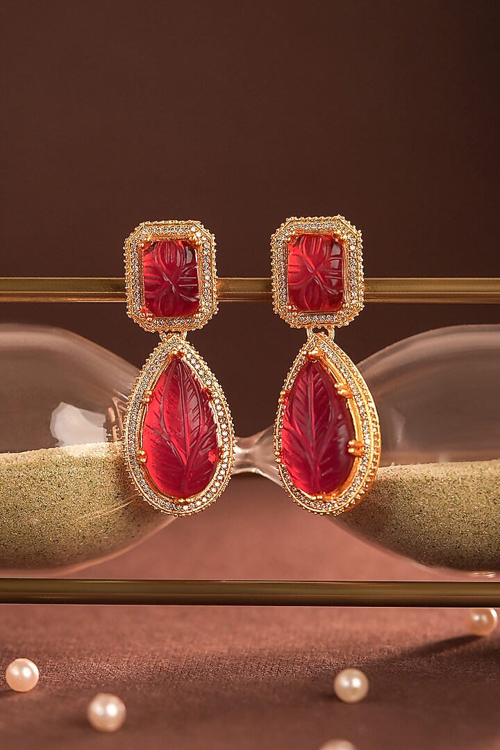 Gold Plated Red-Carved Jadtar Stone Dangler Earrings by Riana Jewellery at Pernia's Pop Up Shop