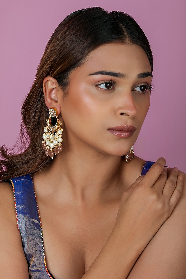 Gold Plated Jadtar Pink Beaded Jadau Chandbali Earrings by Riana Jewellery at Pernia's Pop Up Shop
