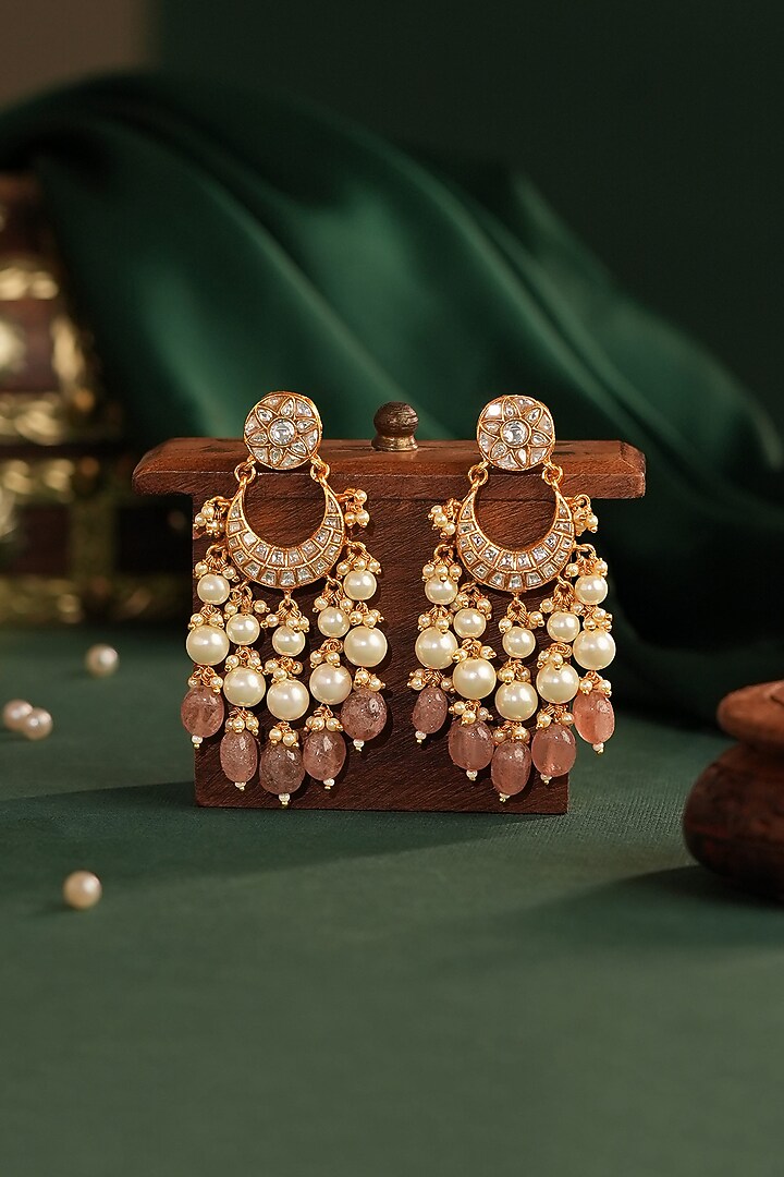 Gold Plated Jadtar Pink Beaded Jadau Chandbali Earrings by Riana Jewellery at Pernia's Pop Up Shop
