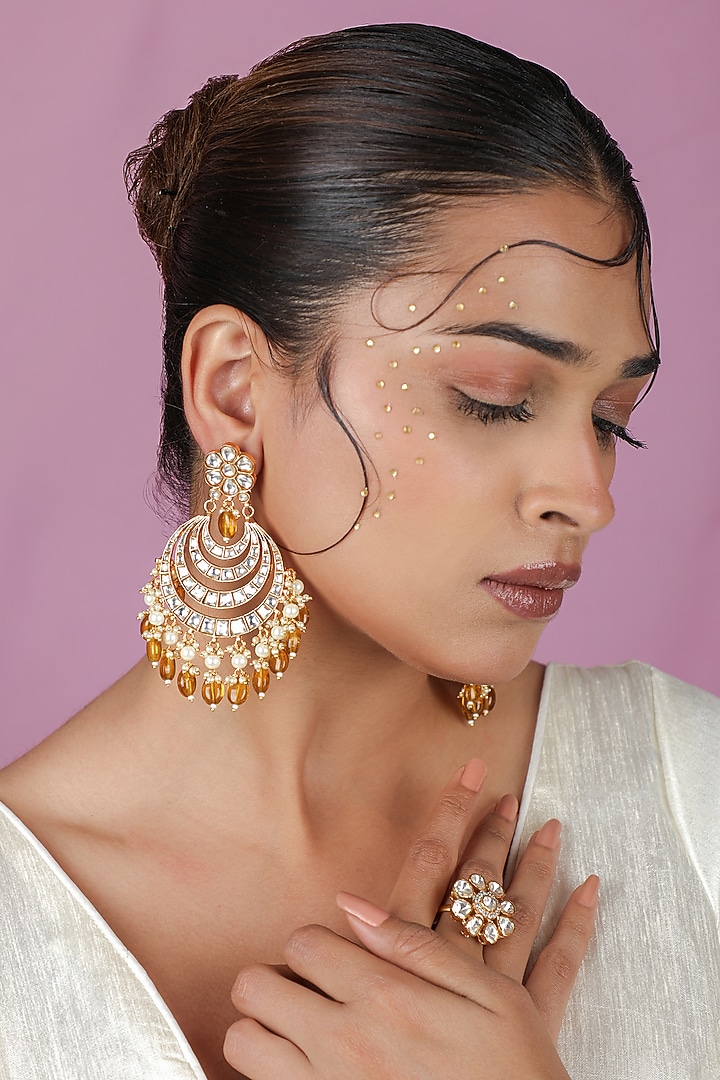 Gold Plated Moissanite & Yellow Sapphire Beaded Chandbali Earrings by Riana Jewellery at Pernia's Pop Up Shop