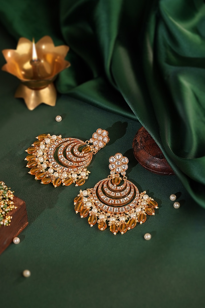 Gold Plated Moissanite & Yellow Sapphire Beaded Chandbali Earrings by Riana Jewellery at Pernia's Pop Up Shop