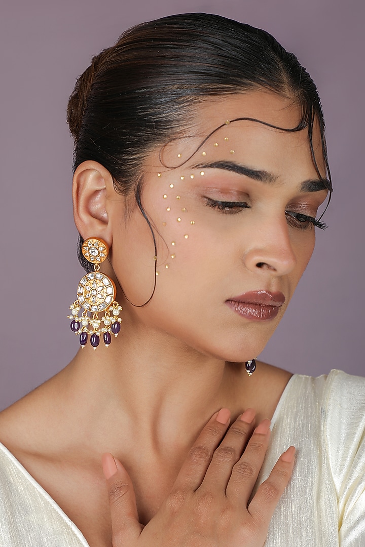 Gold Plated Pearl & Amethyst Beaded Dangler Earrings by Riana Jewellery at Pernia's Pop Up Shop