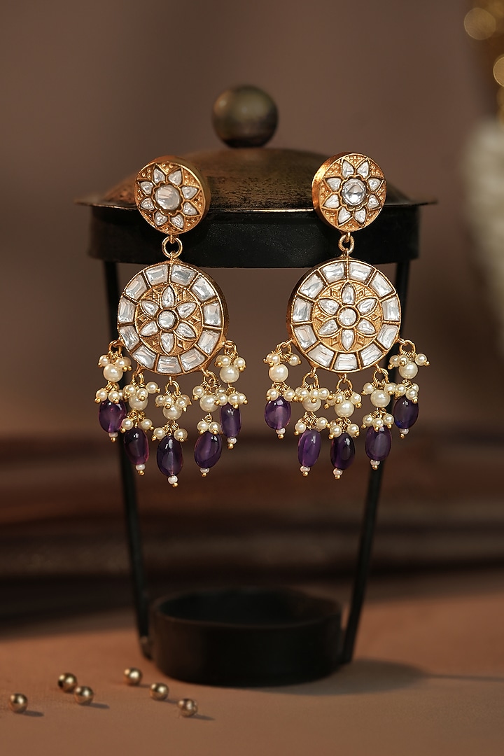 Gold Plated Pearl & Amethyst Beaded Dangler Earrings by Riana Jewellery at Pernia's Pop Up Shop