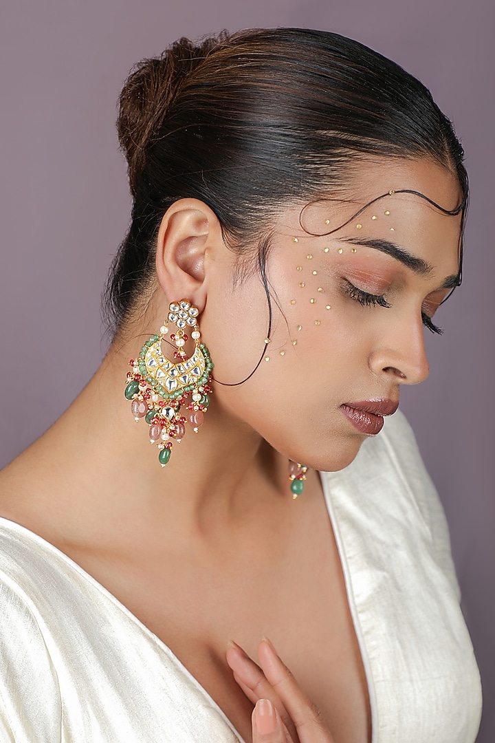 Gold Plated Pastel Pink & Sea Green Kundan Polki Chandbali Earrings by Riana Jewellery at Pernia's Pop Up Shop