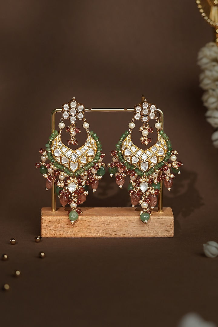 Gold Plated Pastel Pink & Sea Green Kundan Polki Chandbali Earrings by Riana Jewellery at Pernia's Pop Up Shop