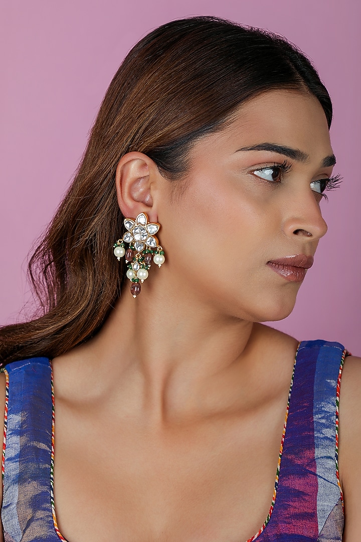 Gold Plated Pastel Pink & Sea Green Beaded Floral Dangler Earrings by Riana Jewellery at Pernia's Pop Up Shop