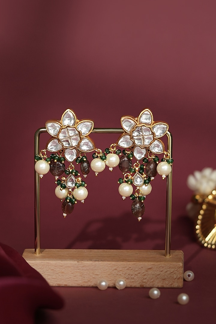 Gold Plated Pastel Pink & Sea Green Beaded Floral Dangler Earrings by Riana Jewellery at Pernia's Pop Up Shop