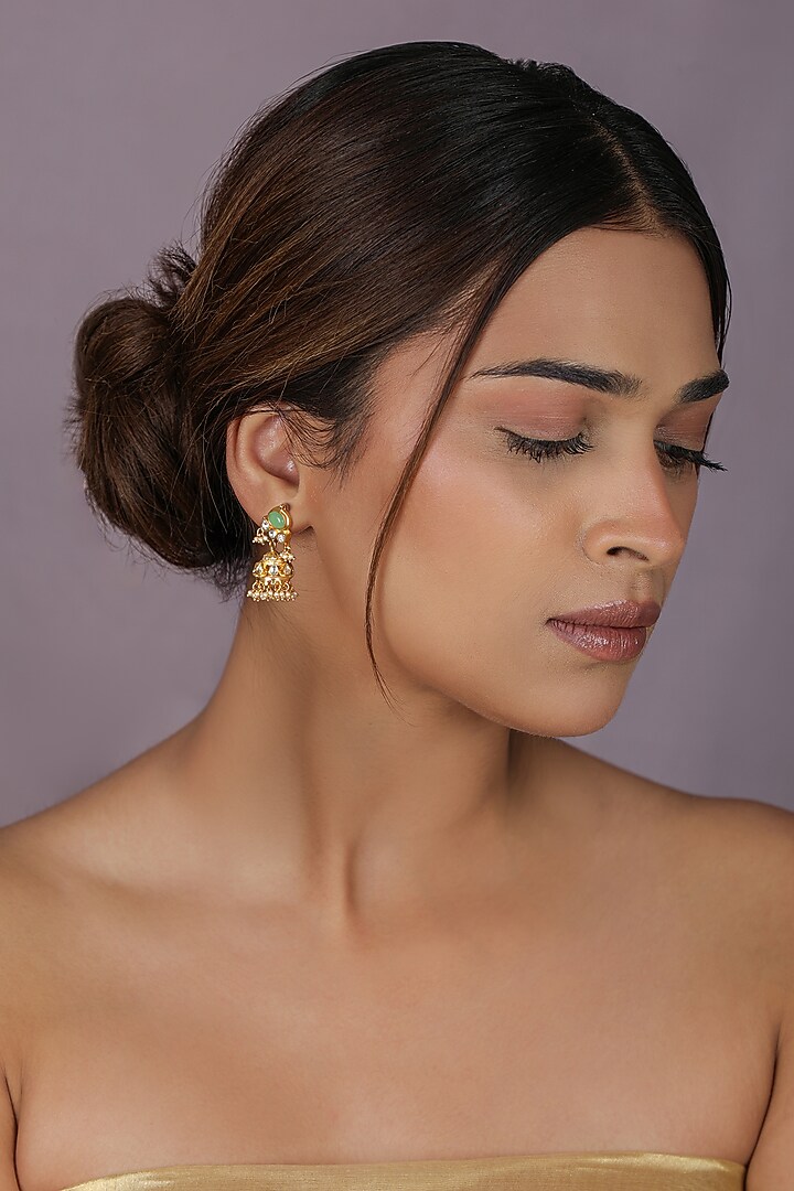 Gold Plated Pastel Jadtar Mint Green Stone & Pearl Drop Jhumka Earrings by Riana Jewellery at Pernia's Pop Up Shop