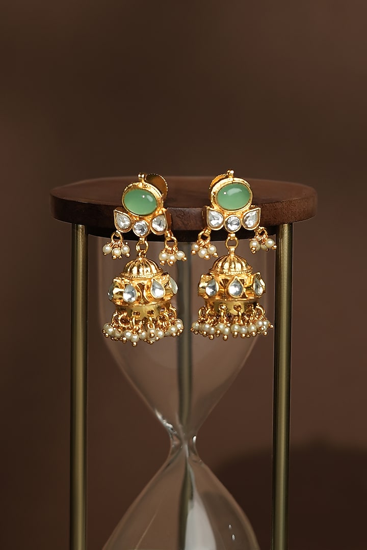 Gold Plated Pastel Jadtar Mint Green Stone & Pearl Drop Jhumka Earrings by Riana Jewellery at Pernia's Pop Up Shop