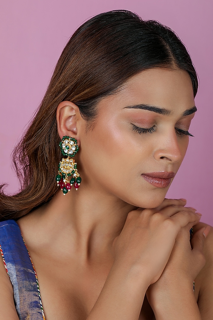 Gold Plated Pastel Ruby & Emerald Stone Chandbali Earrings by Riana Jewellery at Pernia's Pop Up Shop