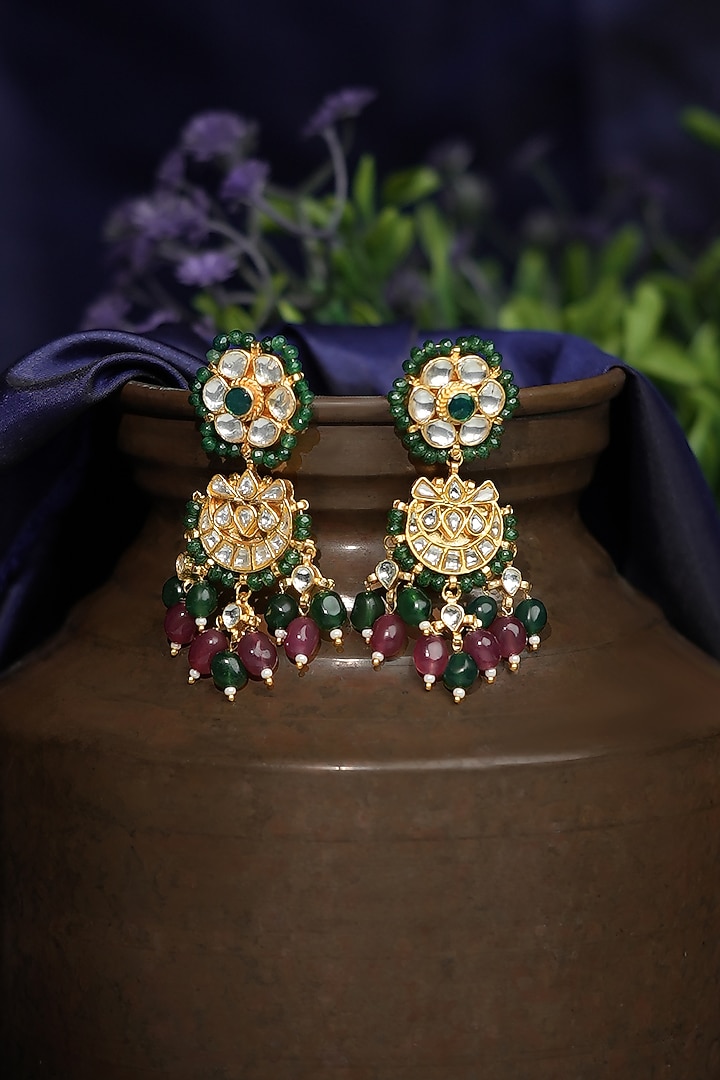Gold Plated Pastel Ruby & Emerald Stone Chandbali Earrings by Riana Jewellery at Pernia's Pop Up Shop