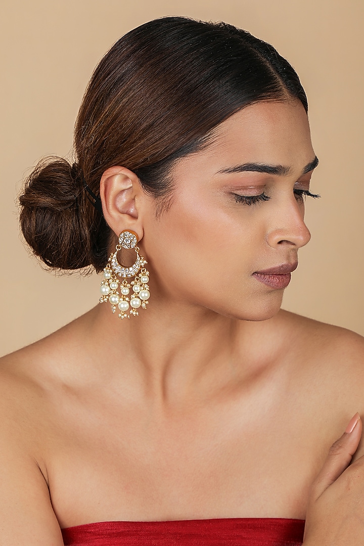Gold Plated Pearl & Jadtar Stone Chandbali Earrings by Riana Jewellery at Pernia's Pop Up Shop