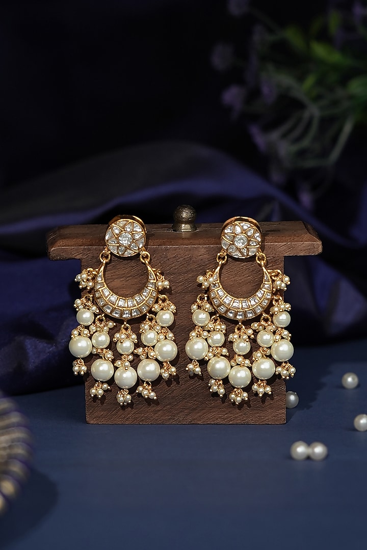 Gold Plated Pearl & Jadtar Stone Chandbali Earrings by Riana Jewellery at Pernia's Pop Up Shop