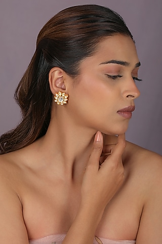 Gold Plated Moissanite Jadtar Stone Floral Stud Earrings by Riana Jewellery