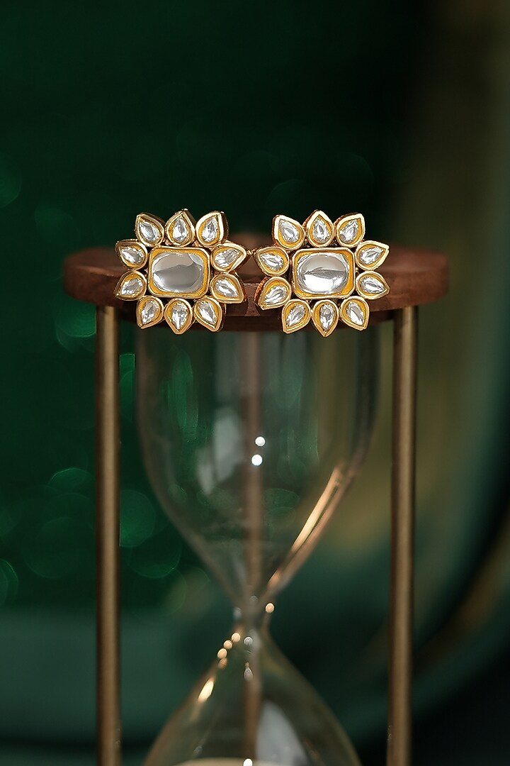 Gold Plated Moissanite Jadtar Stone Floral Stud Earrings by Riana Jewellery at Pernia's Pop Up Shop