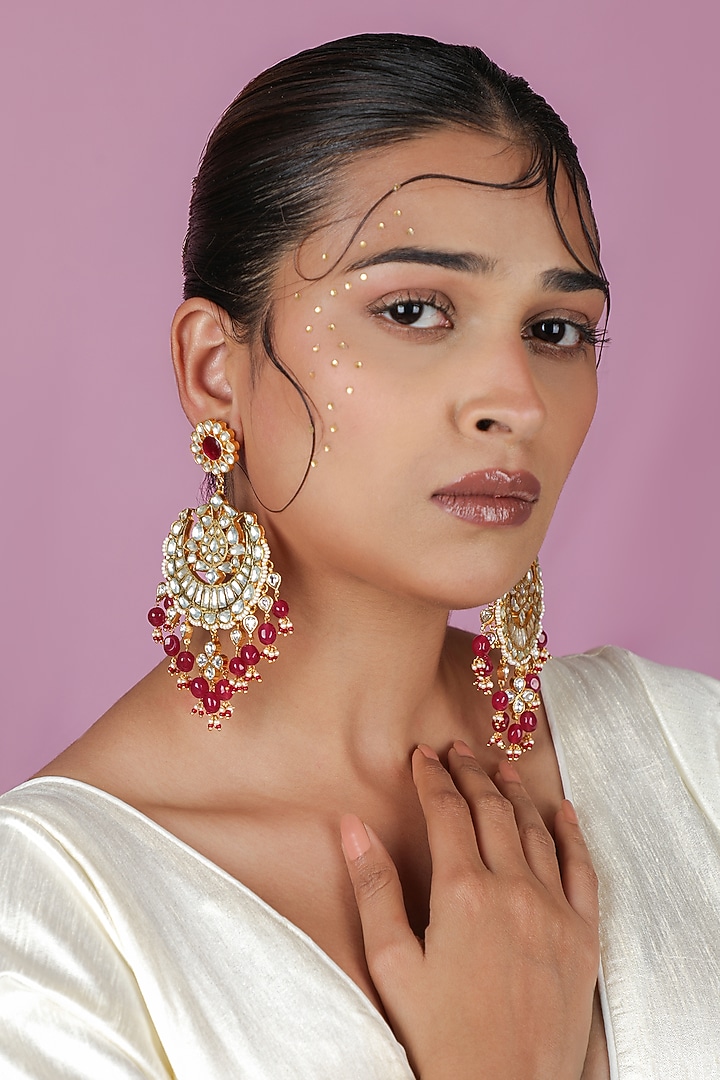 Gold Plated Ruby Pink Jadtar Beaded Chandbali Earrings by Riana Jewellery at Pernia's Pop Up Shop