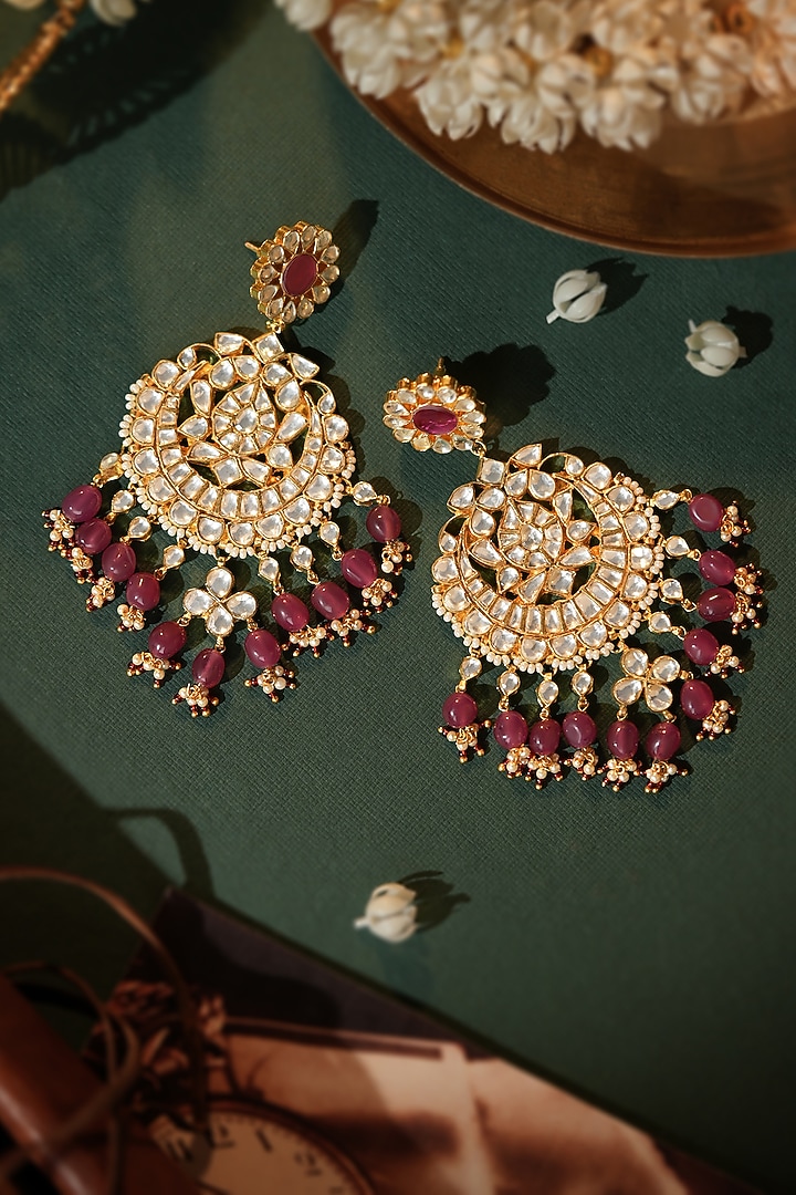Gold Plated Ruby Pink Jadtar Beaded Chandbali Earrings by Riana Jewellery at Pernia's Pop Up Shop