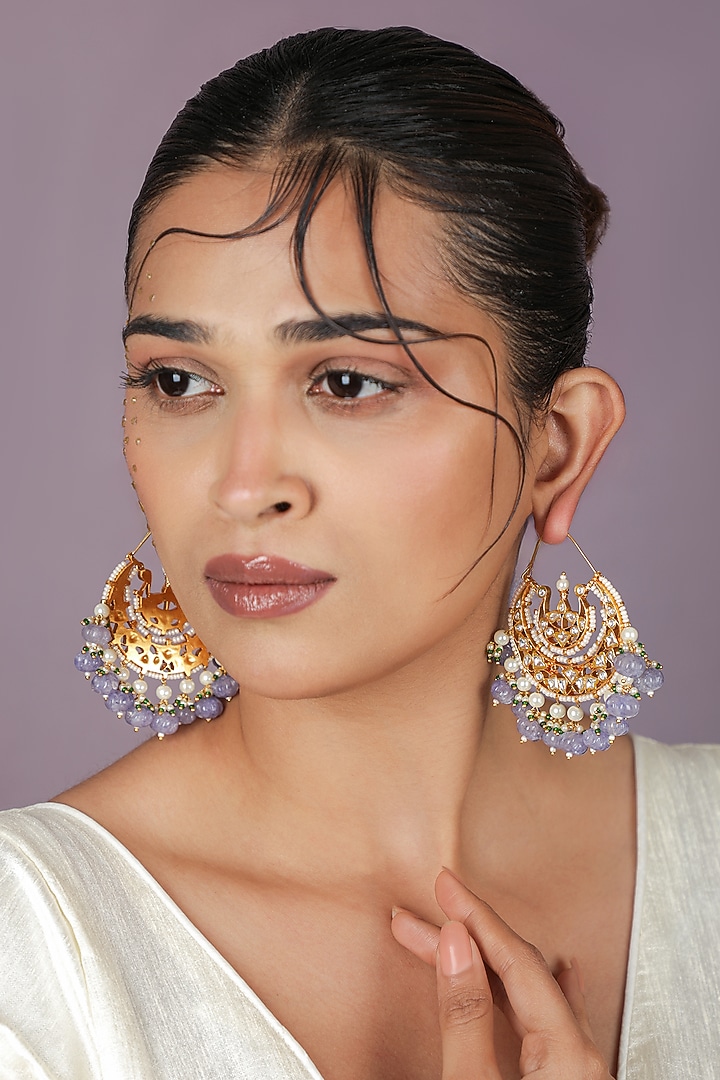 Gold Plated Sapphire Jadtar Beaded Chandbali Earrings by Riana Jewellery at Pernia's Pop Up Shop