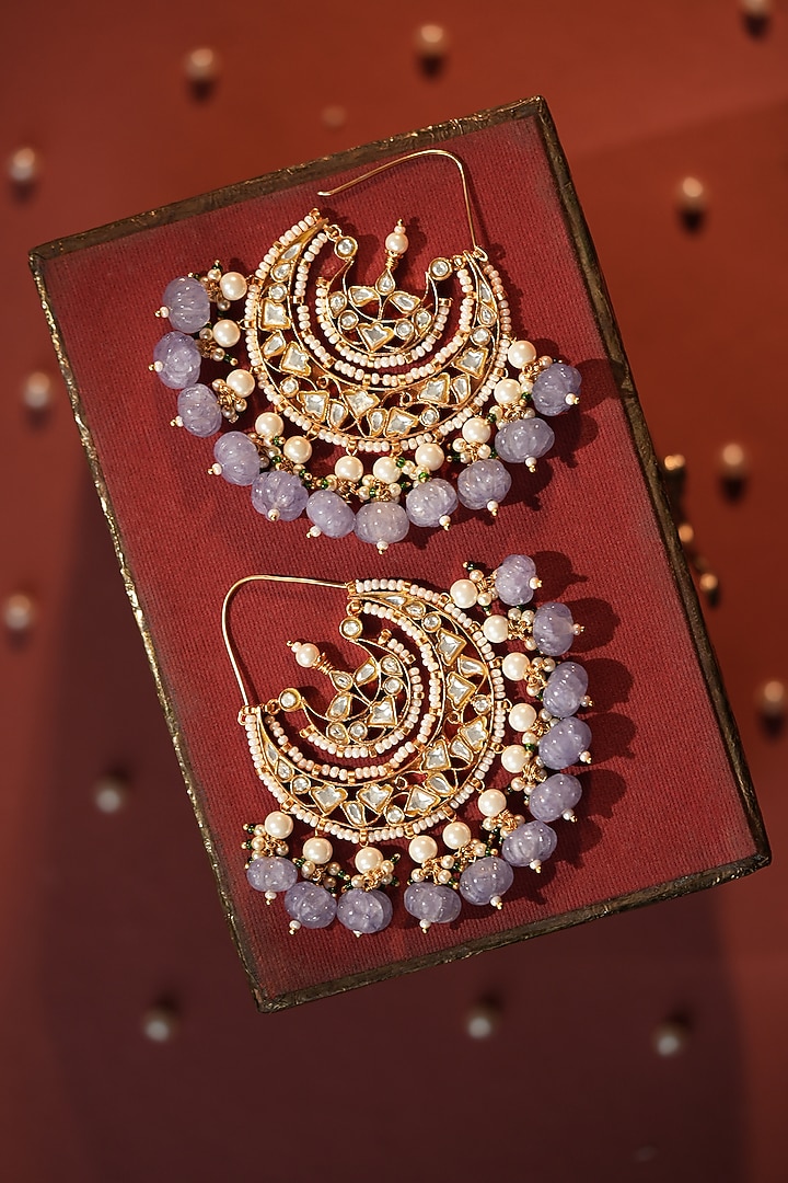 Gold Plated Sapphire Jadtar Beaded Chandbali Earrings by Riana Jewellery at Pernia's Pop Up Shop